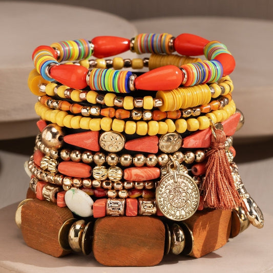 Colorful Multi Stranded Beaded India Bracelet w/ Tassel & Charms