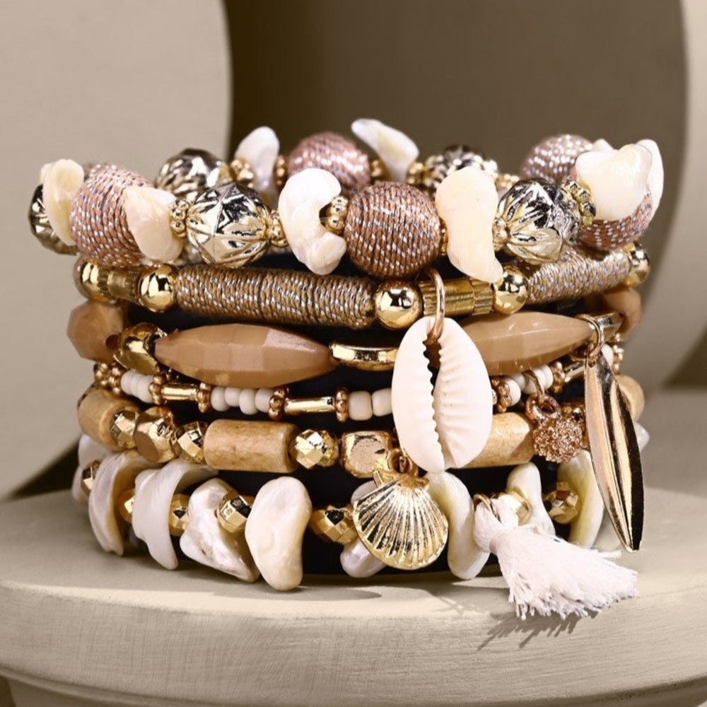 Sandy Beach Themed Boho Chic Multi Layered Stretch Bracelet w Golden Seashell