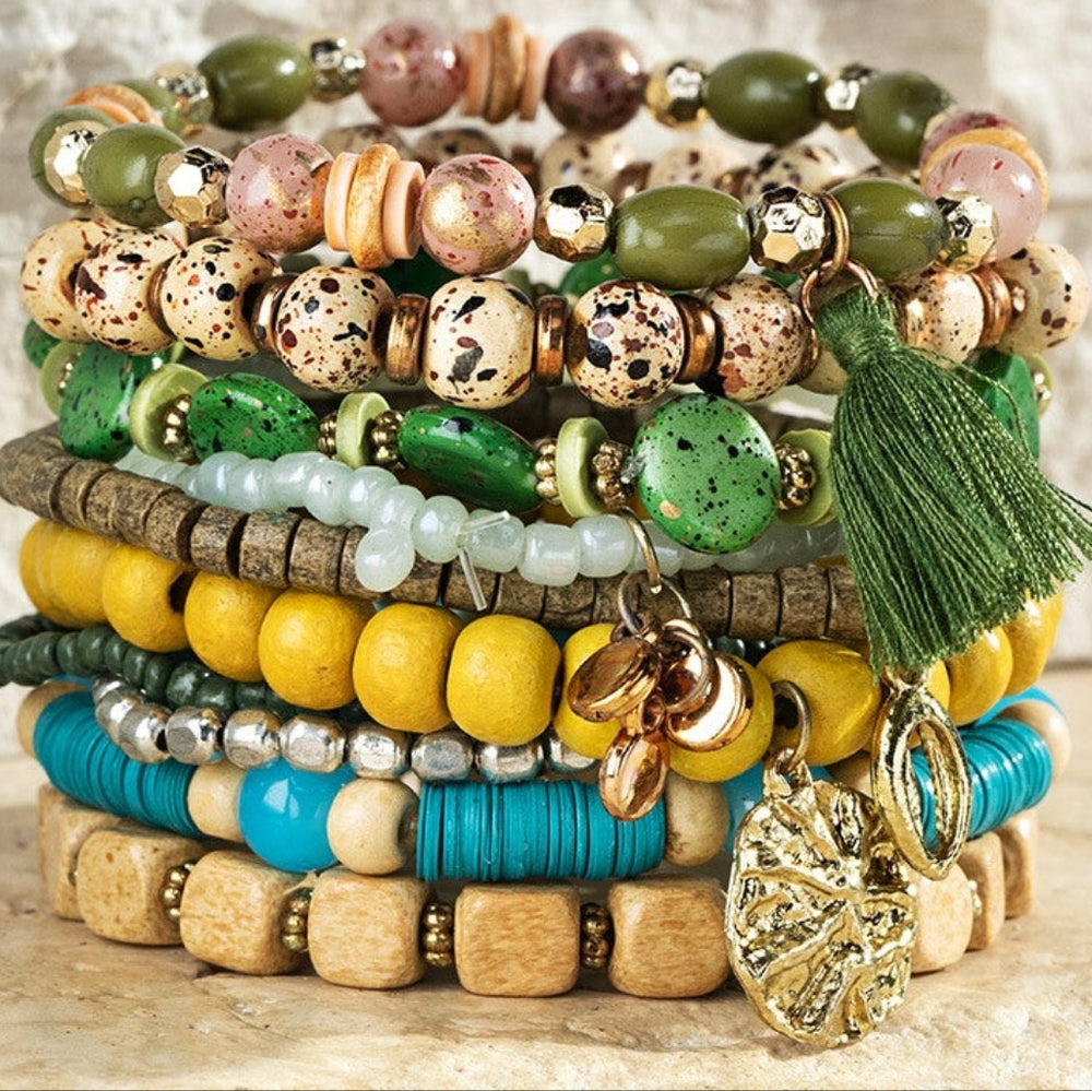 Multicolor 9 Piece Boho Chic Stretch Bracelet Set w Charms & Tassel