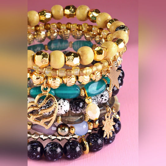 Multicolor Boho Chic Multi Layered Stretch Bracelet Set w/ Golden Charms