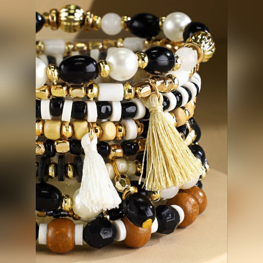Classy Black & White Boho Chic Multi Layered Stretch Bracelet Set w/ Tassels