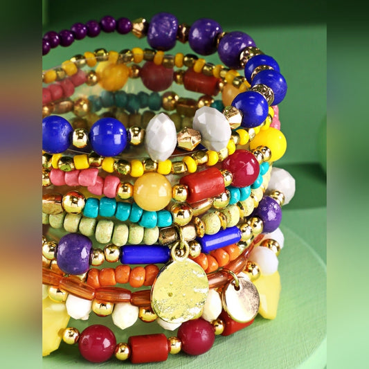 Colorful Bright Boho Chic Multi Layered Stretch Bracelet Set w/ Golden Charms