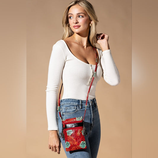 Cellphone Crossbody Bag Vibrant Artisan Hand-Painted & Embossed Genuine Leather