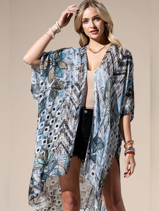 Abstract Boho Floral Open Front Swimsuit Coverup or Kimono Lightweight NWT