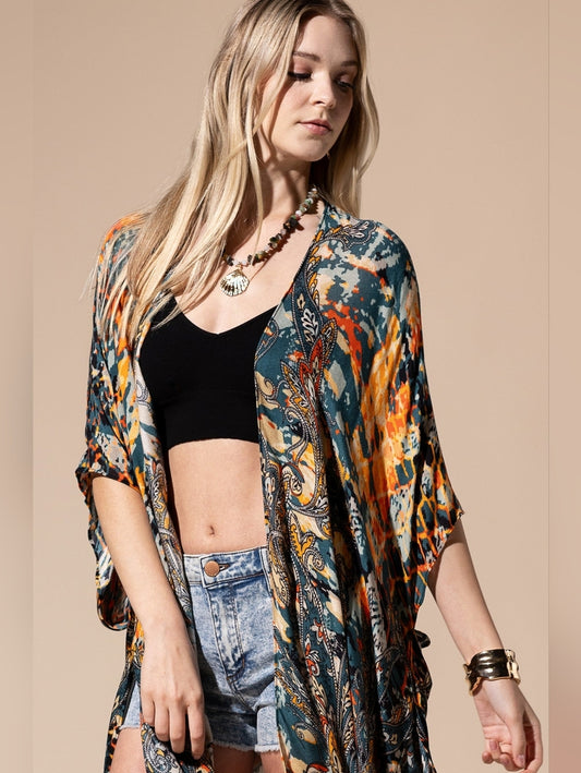 Stunning & Artfully Printed Kimono / Swimsuit Coverup Intricate Paisley Motifs