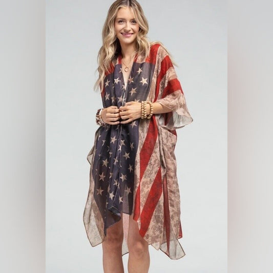 Vintage American Flag Coverup Kimono w/ Side Slits - Great for Patriotic Events!