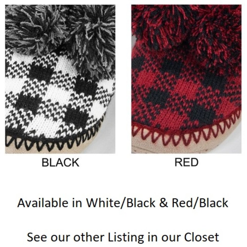 Black & White Buffalo Check Plaid Fuzzy Ankle & Pom Poms Indoor Slipper size 8-10