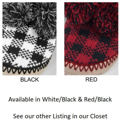 Black & White Buffalo Check Plaid Fuzzy Ankle & Pom Poms Indoor Slipper size 8-10