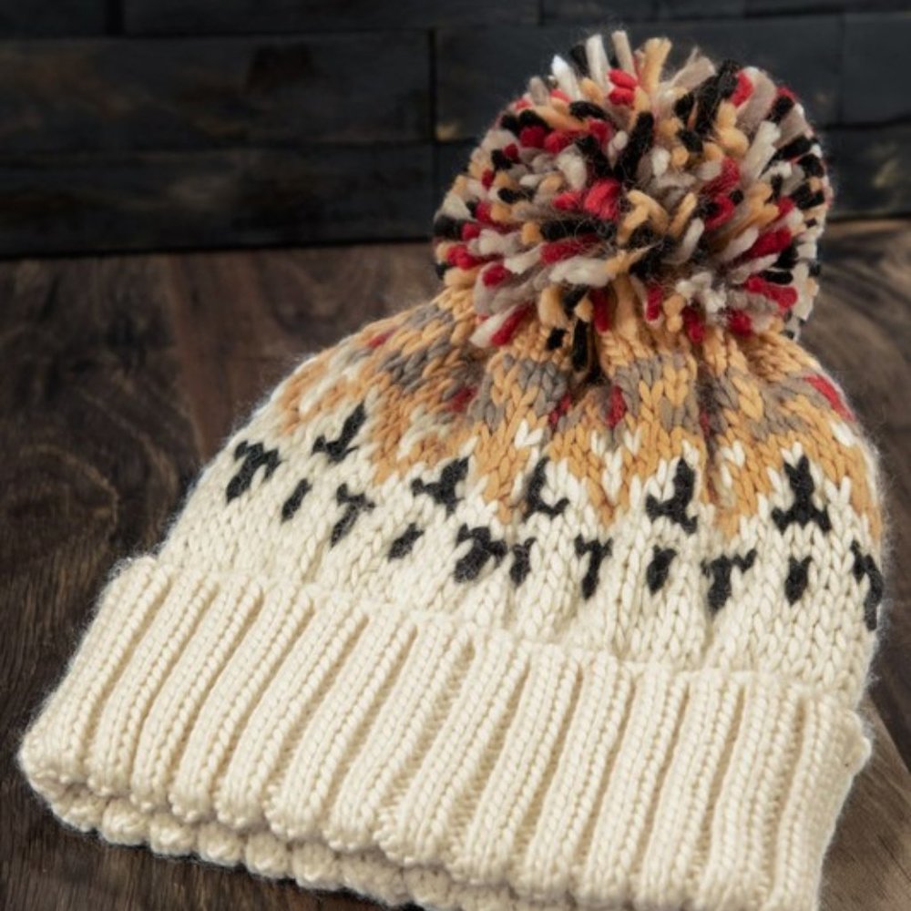 Cream / Mustard Multicolor Knit Beanie with Cute Multicolor Pom-Pom
