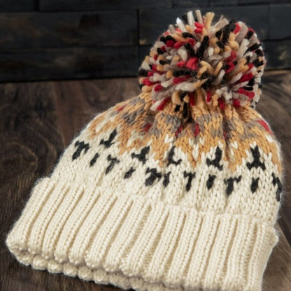 Cream / Mustard Multicolor Knit Beanie with Cute Multicolor Pom-Pom