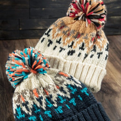 Cream / Mustard Multicolor Knit Beanie with Cute Multicolor Pom-Pom