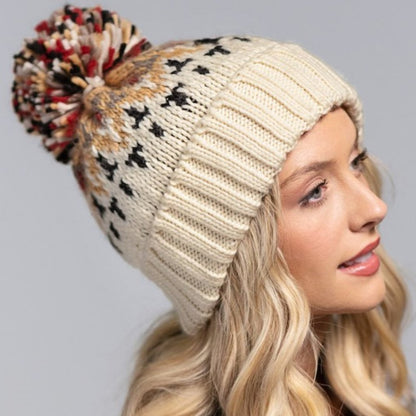 Cream / Mustard Multicolor Knit Beanie with Cute Multicolor Pom-Pom