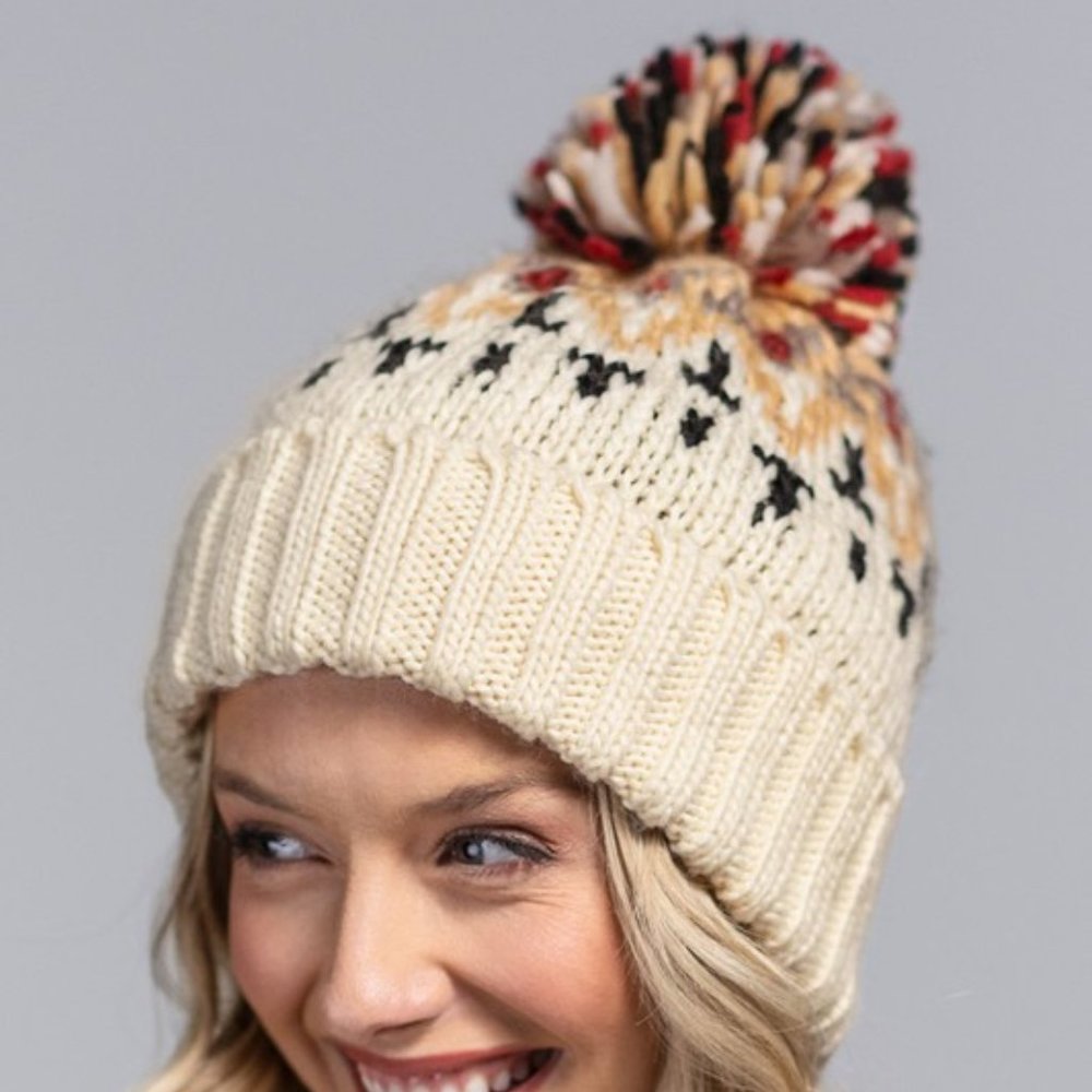 Cream / Mustard Multicolor Knit Beanie with Cute Multicolor Pom-Pom
