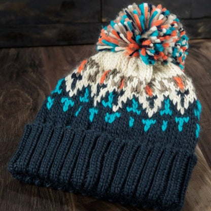 Blue / Cream Multicolor Knit Beanie w/ Cute Multicolor Pom-Pom