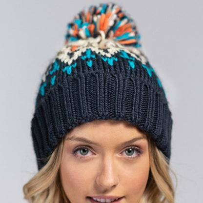Blue / Cream Multicolor Knit Beanie w/ Cute Multicolor Pom-Pom