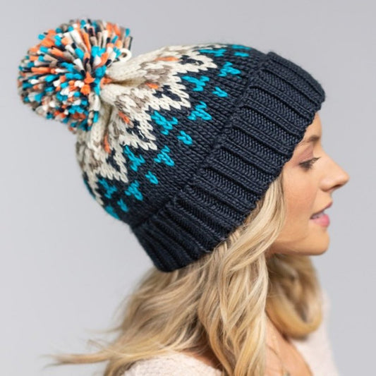 Blue / Cream Multicolor Knit Beanie w/ Cute Multicolor Pom-Pom