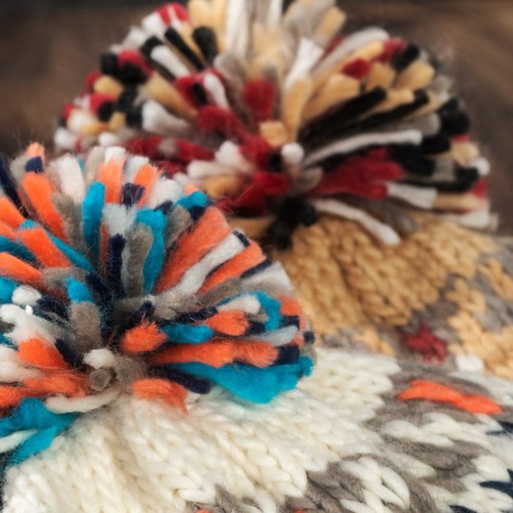 Cream / Mustard Multicolor Knit Beanie with Cute Multicolor Pom-Pom