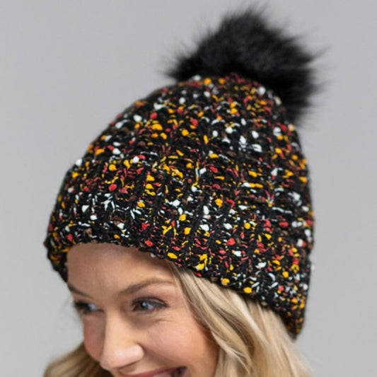 Black & Multicolor Confetti Knit Beanie w/ Faux Fur Pom-Pom