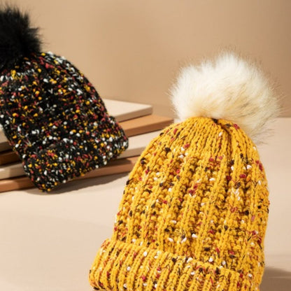 Black & Multicolor Confetti Knit Beanie w/ Faux Fur Pom-Pom