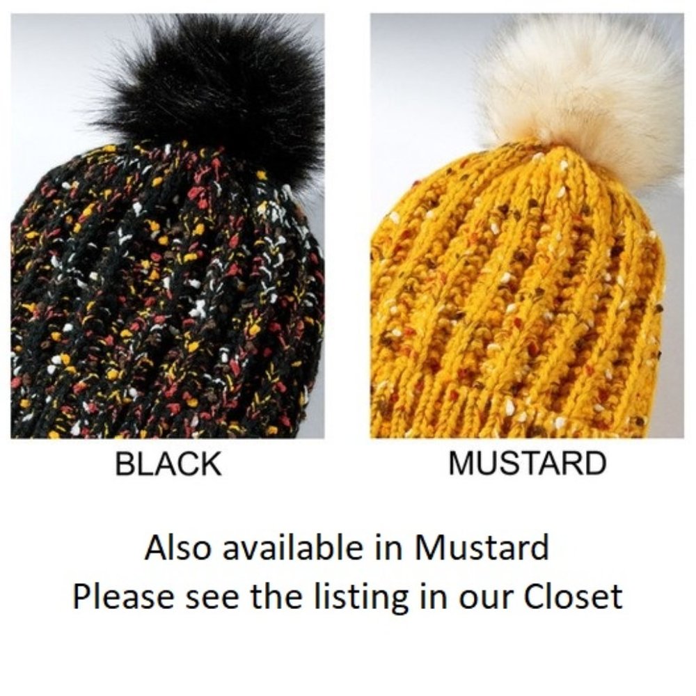 Black & Multicolor Confetti Knit Beanie w/ Faux Fur Pom-Pom