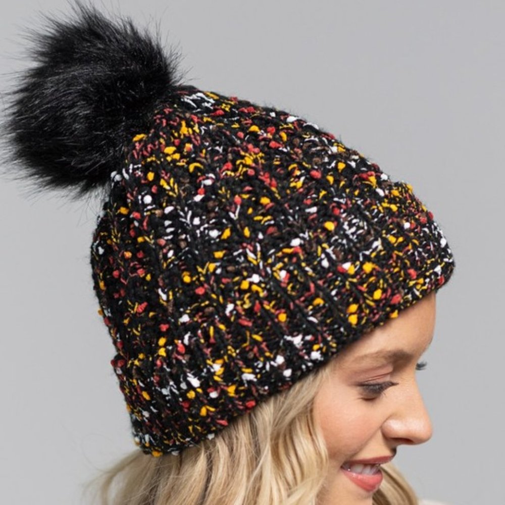Black & Multicolor Confetti Knit Beanie w/ Faux Fur Pom-Pom