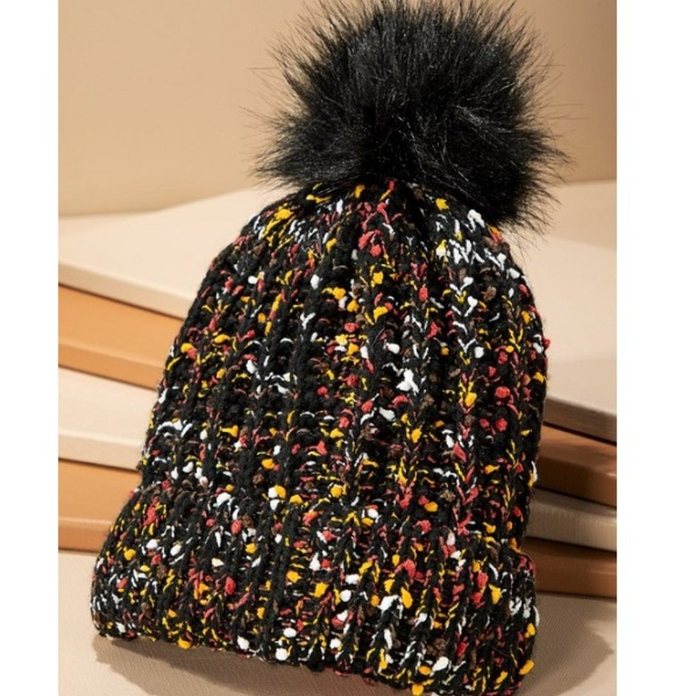 Black & Multicolor Confetti Knit Beanie w/ Faux Fur Pom-Pom