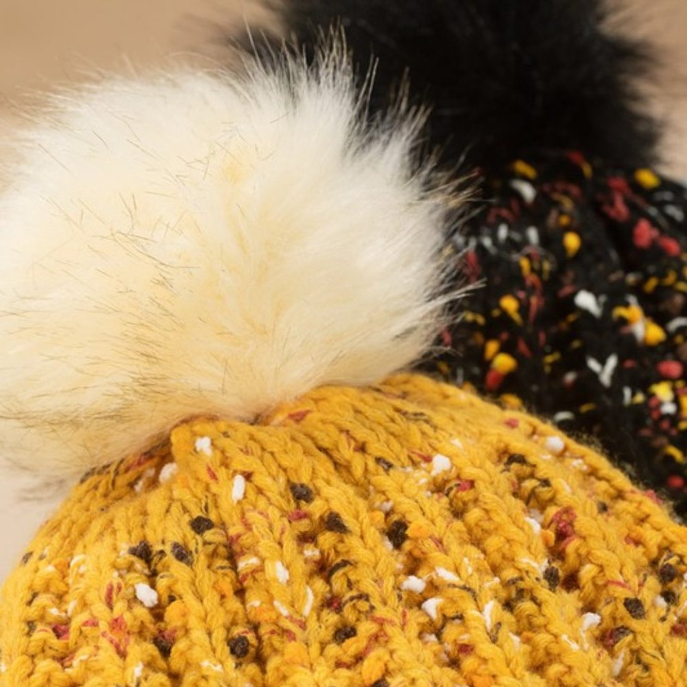Mustard & Multicolor Confetti Knit Beanie w/ Faux Fur Pom-Pom