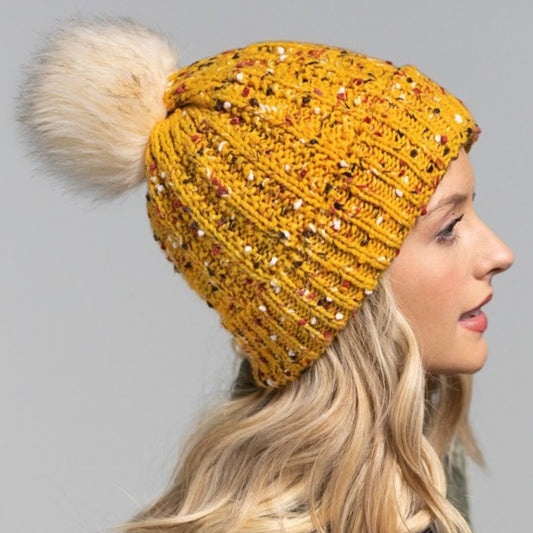 Mustard & Multicolor Confetti Knit Beanie w/ Faux Fur Pom-Pom