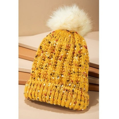 Mustard & Multicolor Confetti Knit Beanie w/ Faux Fur Pom-Pom
