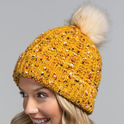 Mustard & Multicolor Confetti Knit Beanie w/ Faux Fur Pom-Pom