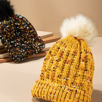 Mustard & Multicolor Confetti Knit Beanie w/ Faux Fur Pom-Pom
