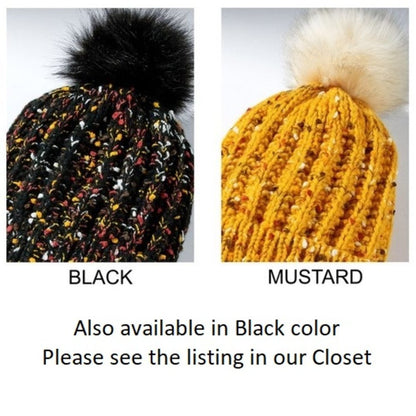 Mustard & Multicolor Confetti Knit Beanie w/ Faux Fur Pom-Pom