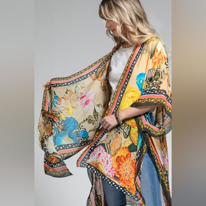 Bohemian Floral Print Kimono w Side Slits - Stunning Colors - Perfect for Spring
