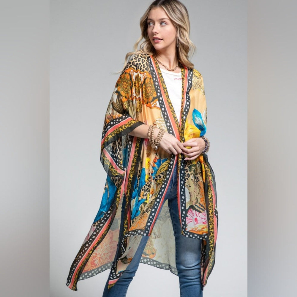 Bohemian Floral Print Kimono w Side Slits - Stunning Colors - Perfect for Spring