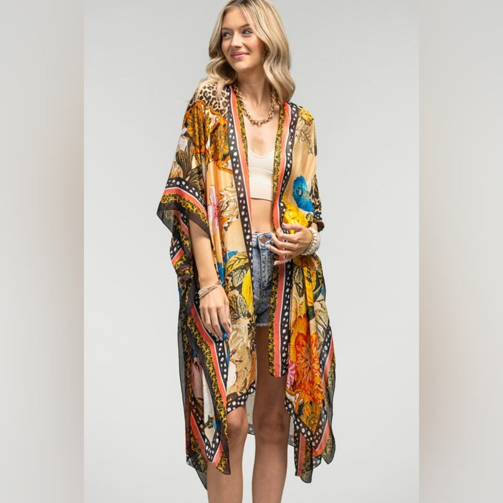 Bohemian Floral Print Kimono w Side Slits - Stunning Colors - Perfect for Spring