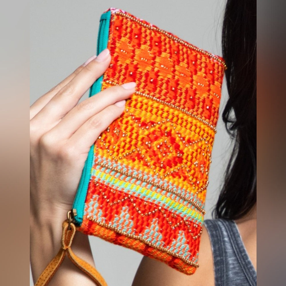 Handmade Hand Beaded Clutch - Ethnic Navajo Aztec Inspired Design - Faux Leather