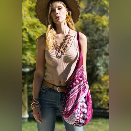 Boho Chic Beach Yoga Hobo Shoulder Bag - 100% Cotton - Bohemian Ethnic Inspired
