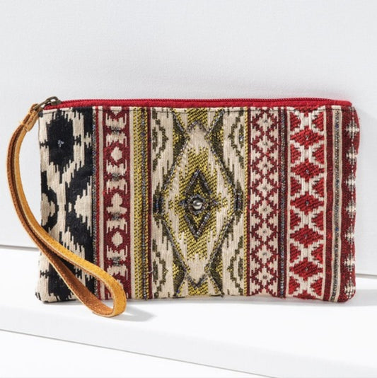 Handmade Hand Beaded Wristlet Clutch - Ethnic Inspired Design - Dyed Fine Cotton
