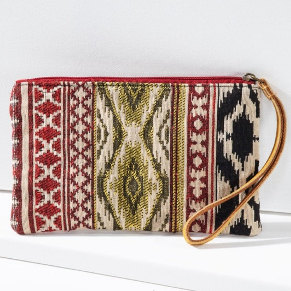 Handmade Hand Beaded Wristlet Clutch - Ethnic Inspired Design - Dyed Fine Cotton