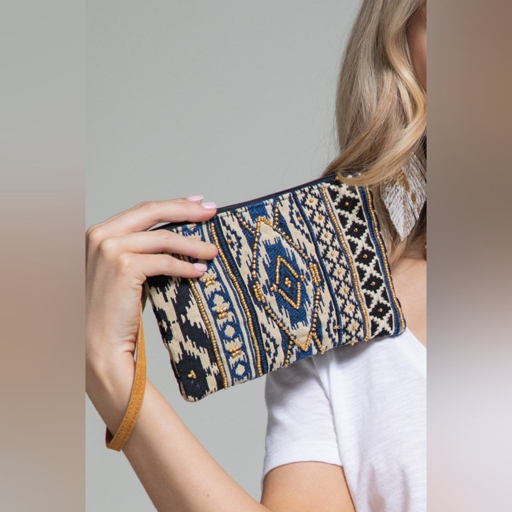 Handmade Hand Beaded Wristlet Clutch - Ethnic Inspired Design - Dyed Fine Cotton