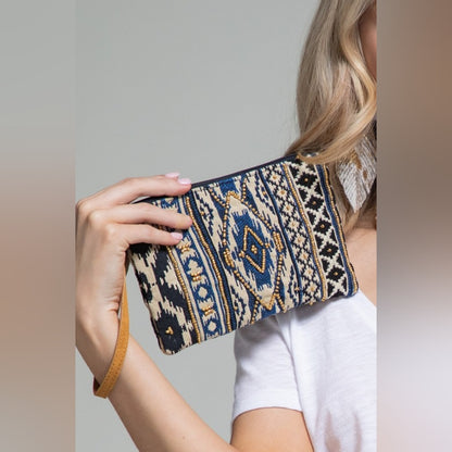 Handmade Hand Beaded Wristlet Clutch - Ethnic Inspired Design - Dyed Fine Cotton