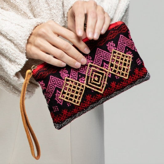 Handmade Hand Beaded Wristlet Clutch - Ethnic Inspired Design - Dyed Fine Cotton