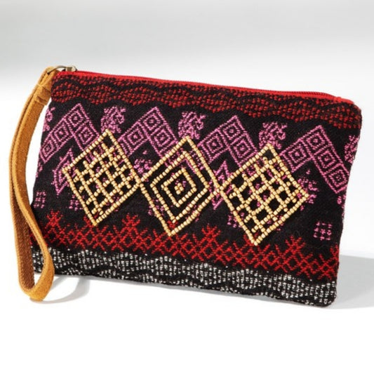 Handmade Hand Beaded Wristlet Clutch - Ethnic Inspired Design - Dyed Fine Cotton
