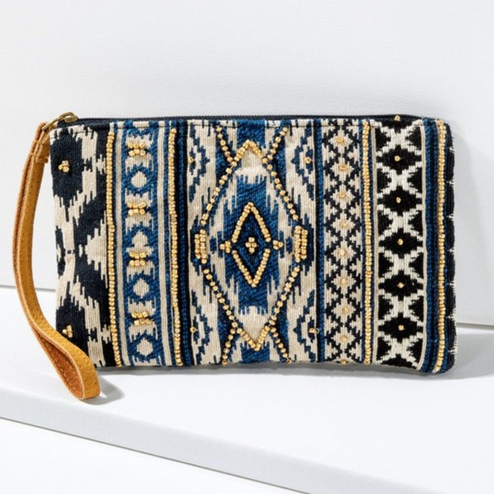 Handmade Hand Beaded Wristlet Clutch - Ethnic Inspired Design - Dyed Fine Cotton