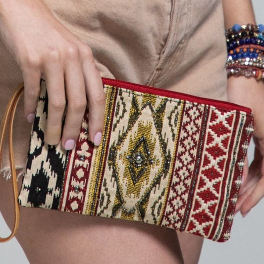 Handmade Hand Beaded Wristlet Clutch - Ethnic Inspired Design - Dyed Fine Cotton