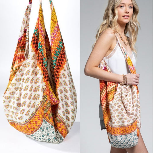 Floral & Paisley Print Boho Chic Beach Yoga Hobo Shoulder Bag  - 100% Cotton