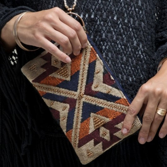 Handmade Hand Beaded Wristlet Clutch - Ethnic Tribal Inspired Design - Yarn Dyed