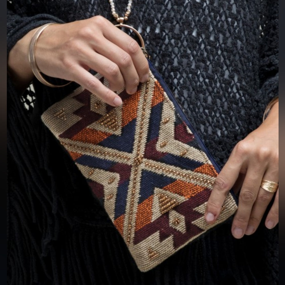 Handmade Hand Beaded Wristlet Clutch - Ethnic Tribal Inspired Design - Yarn Dyed