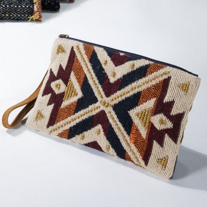 Handmade Hand Beaded Wristlet Clutch - Ethnic Tribal Inspired Design - Yarn Dyed