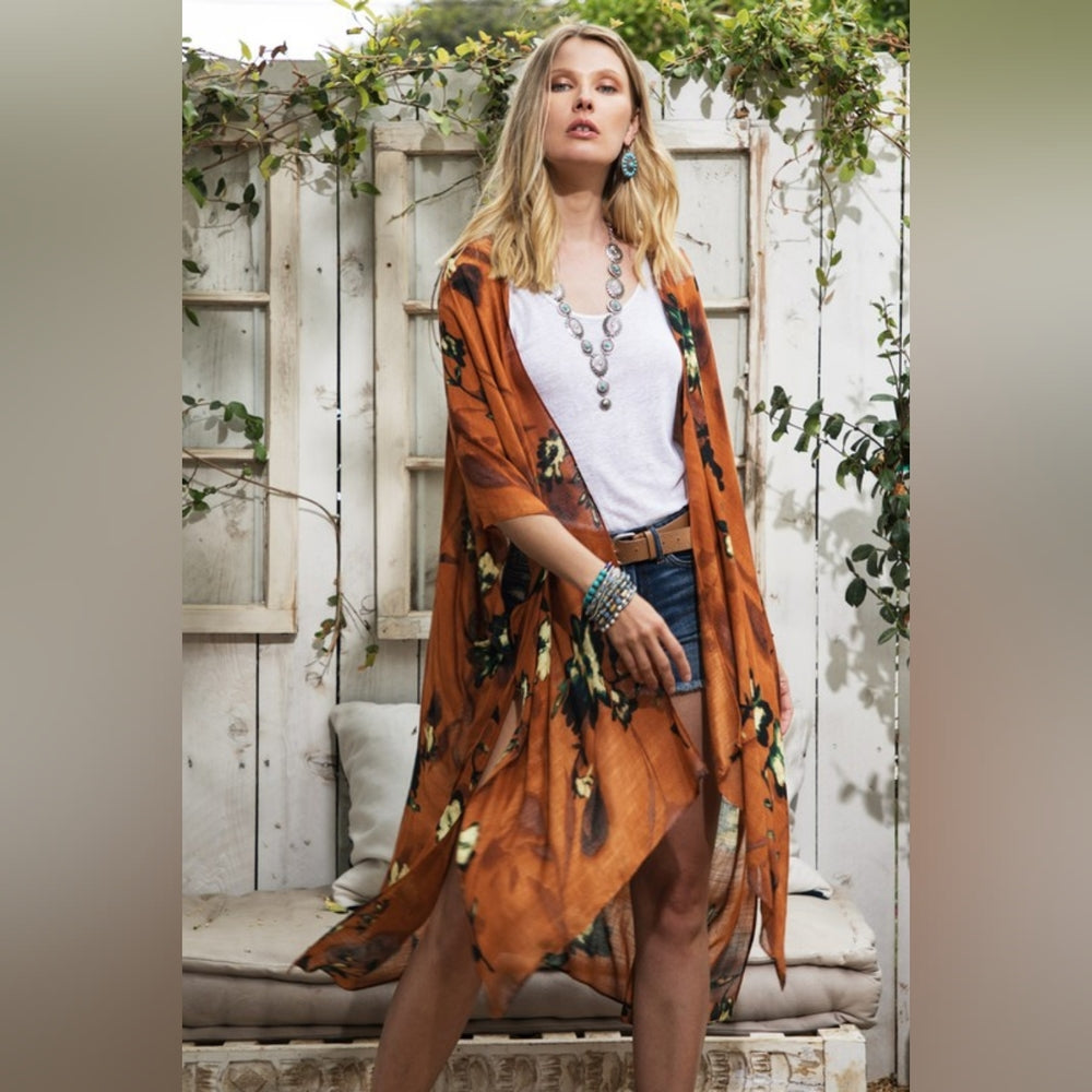Bohemian Rust Floral Print Kimono w/ Side Slits - Rich Deep Colors